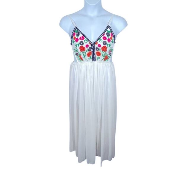 Boho Maxi Dress XL | Embroidered Look Open Back Festival Sundress White Floral - Picture 2 of 11